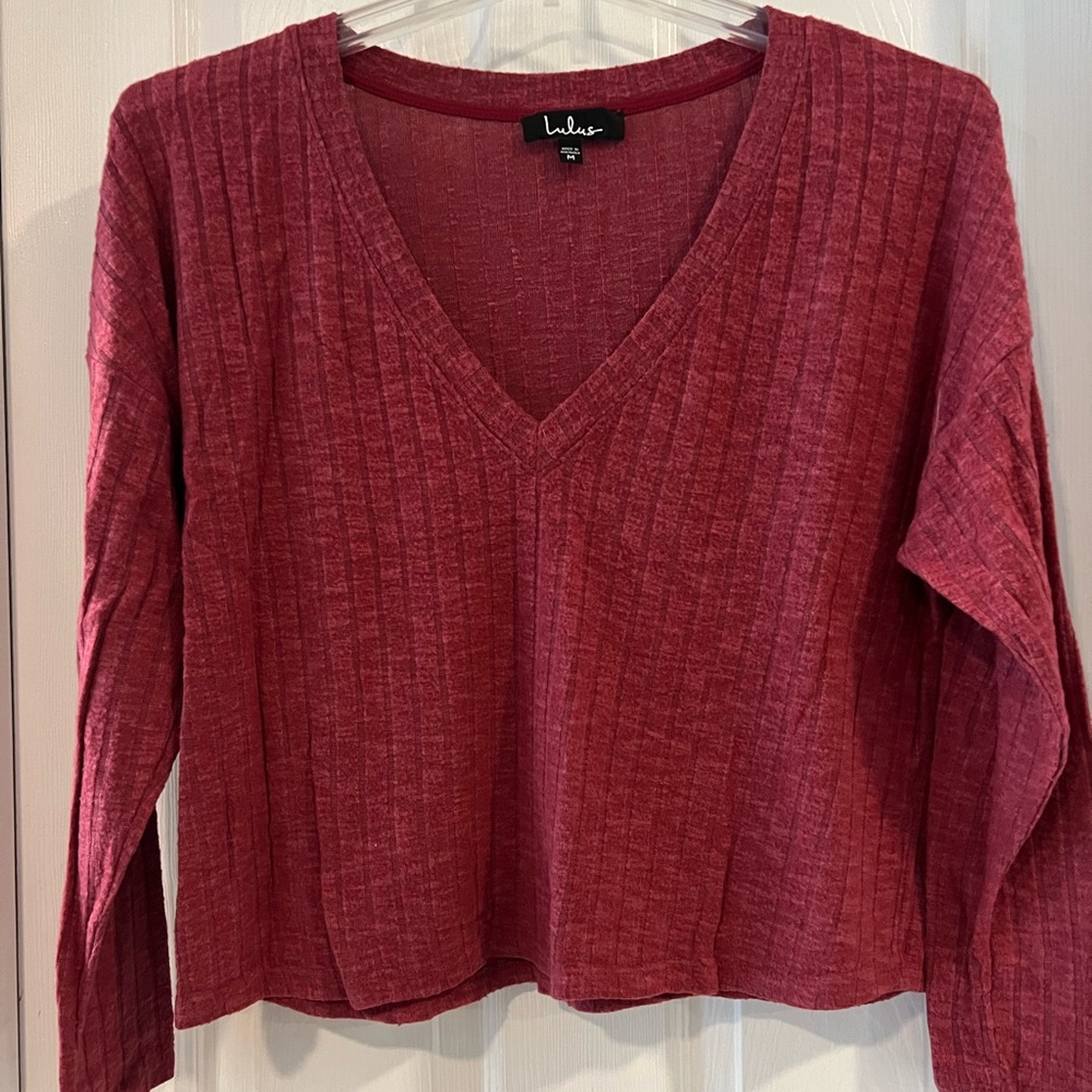 Lulu's Deep Red Long Sleeve V-Neck Top